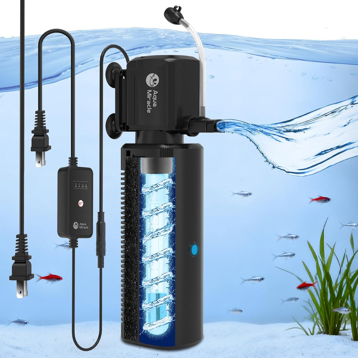 AquaMiracle 130GPH U -V Aquarium Filter with Timer for 10-30 Gal Fish - SV1000 for 60-150 Gal Tank