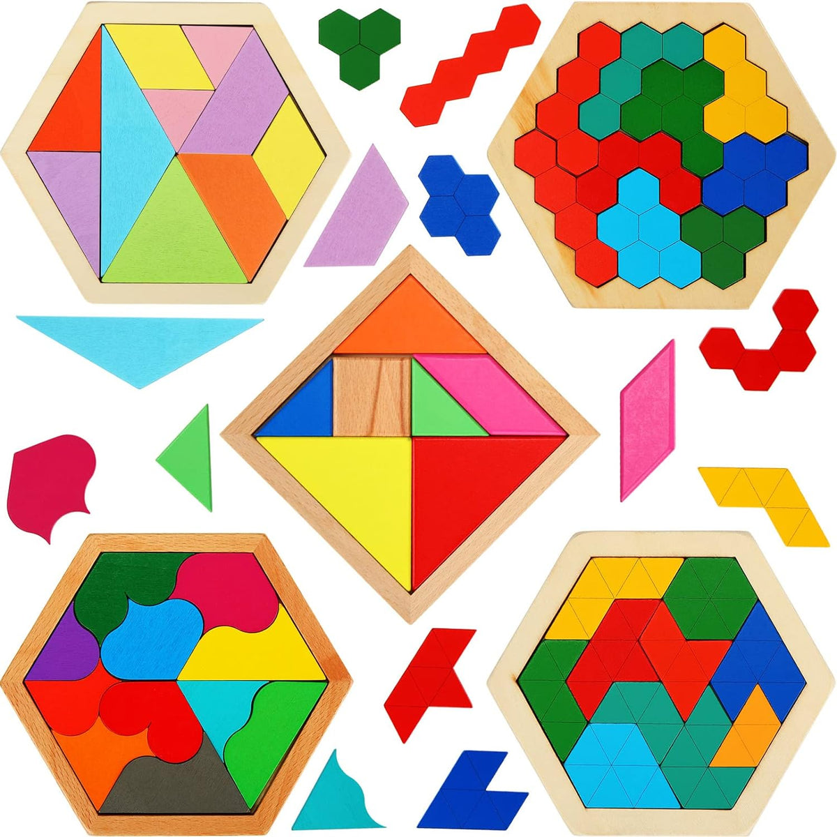 Jerify 5 pack wooden tangram puzzle for kids with colorful geometric blocks
