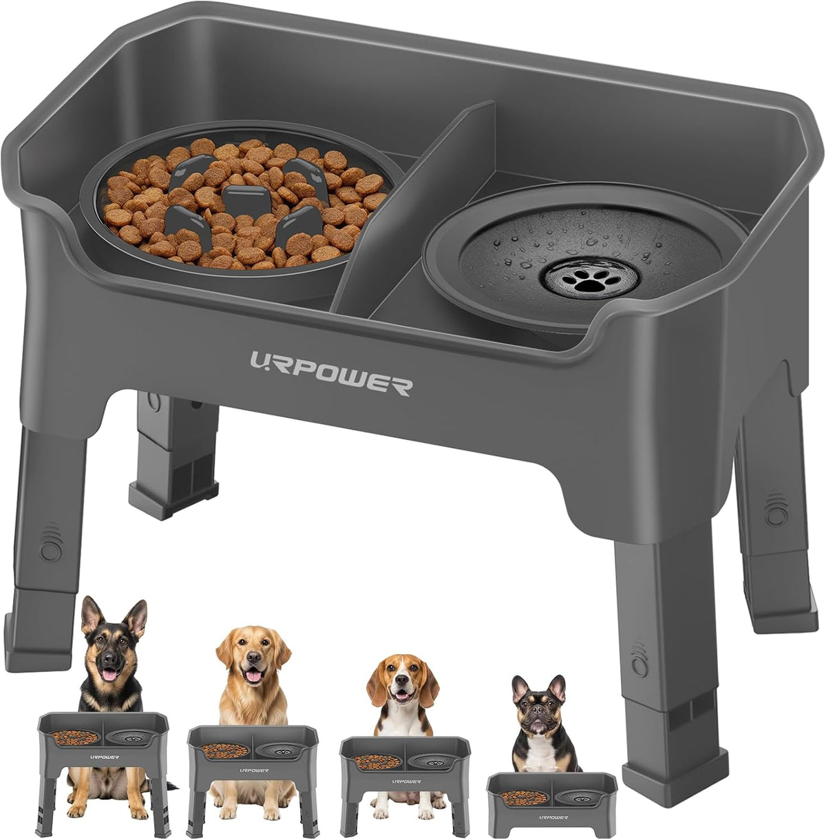 URPOWER Mess Proof Elevated Dog Bowls 4 Height Adjustable Raised Stand – Essentials for Dogs - Grey / Large