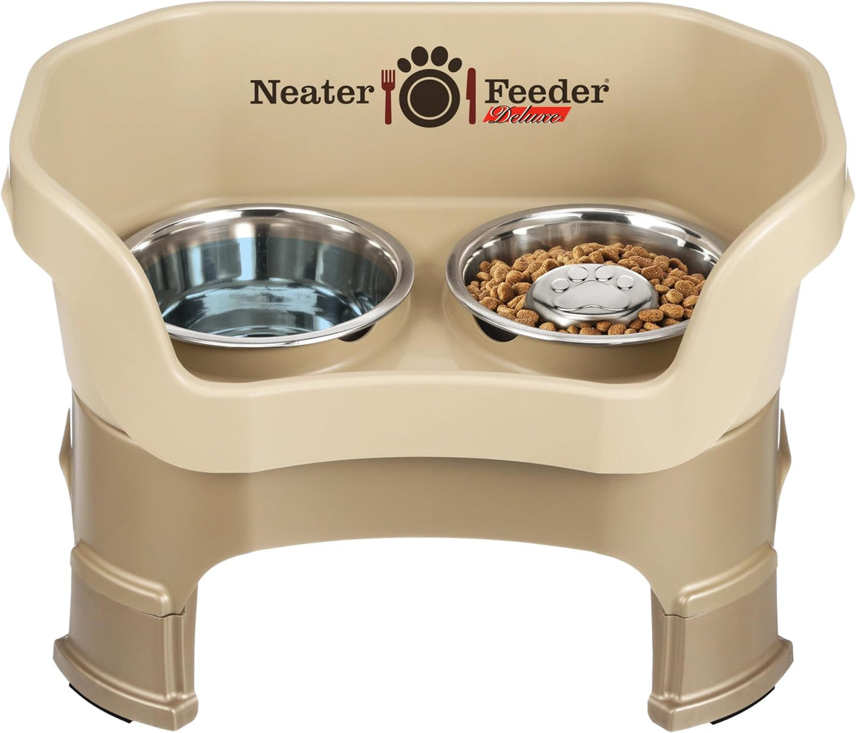Neater Feeder Deluxe Mess-Proof Elevated Dog Bowls for Large Dogs - Medium + Slow Feed Bowl Combo / Cappuccino