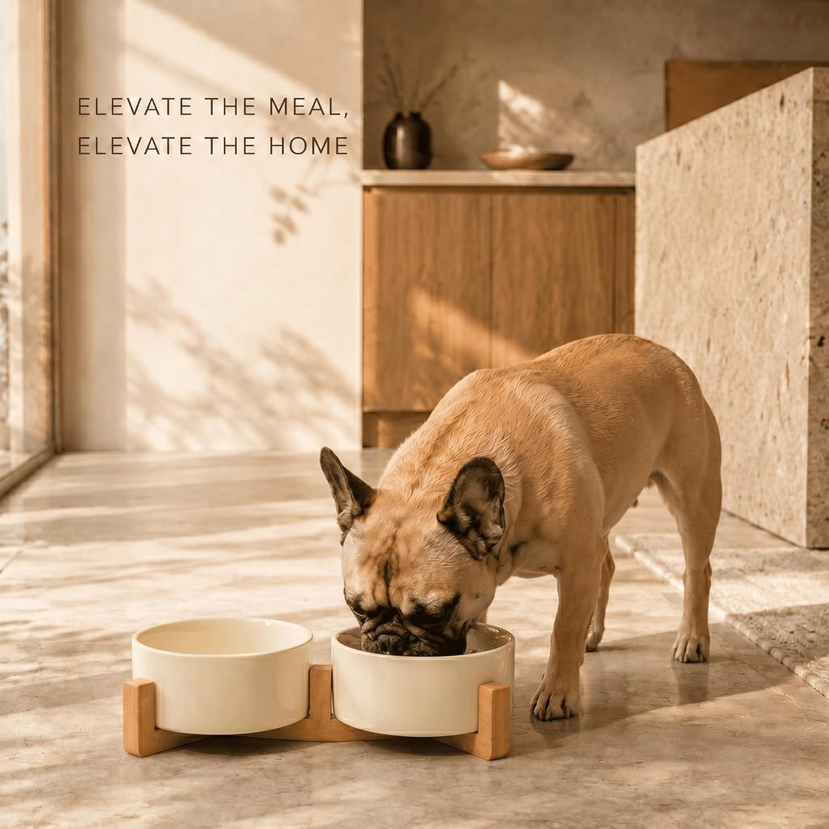 SPUNKYJUNKY Ceramic Dog and Cat Bowl with Wood Stand Non-Slip Matte - 3.6 cups / Beige × 2 - image 2