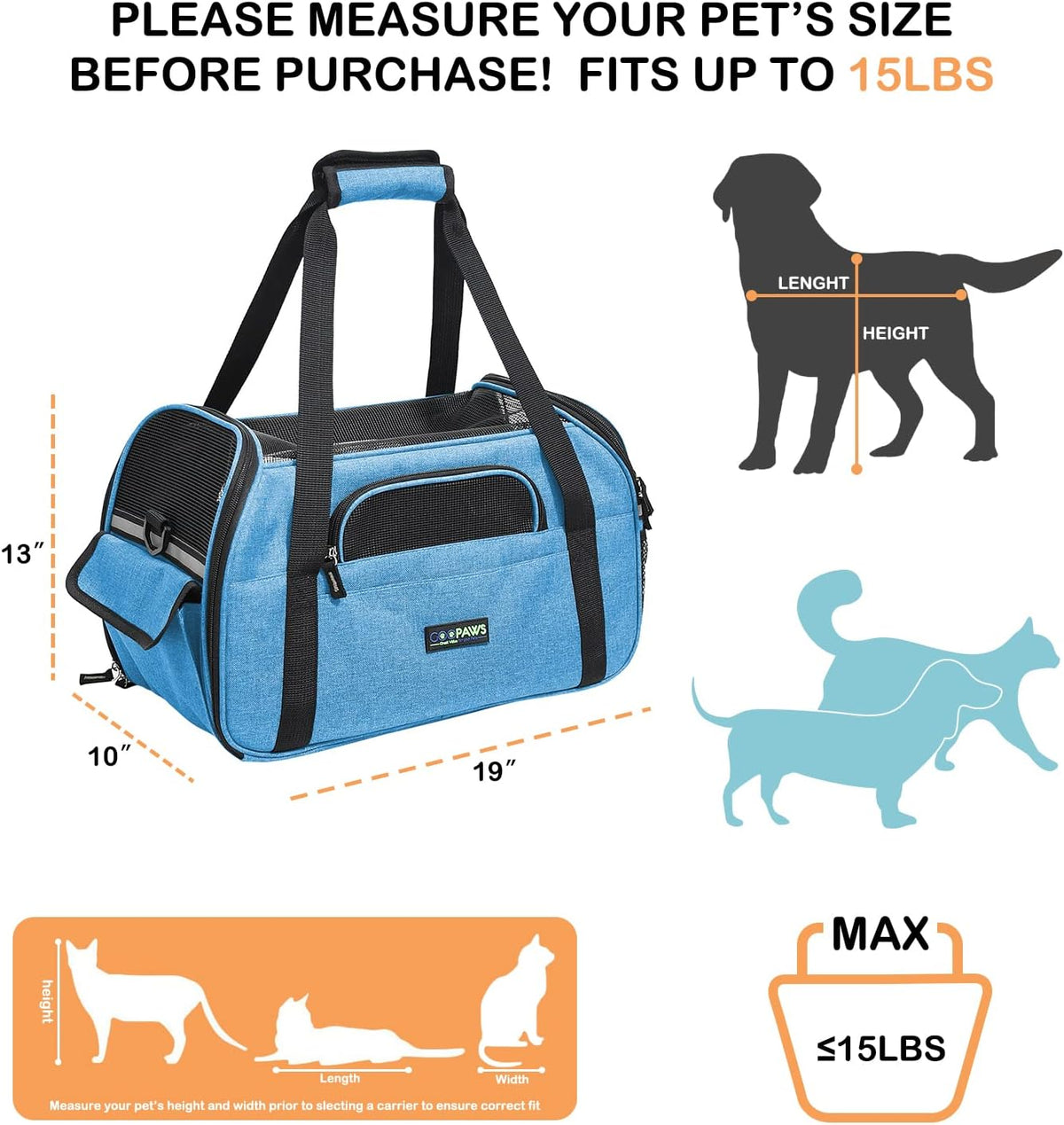 JESPET Soft-Sided Airline-Approved Dog & Cat Carrier Travel Bag – Essentials for Cats - 19.0"L x 10.0"W x 13.0"H / Turquoise Blue - image 2