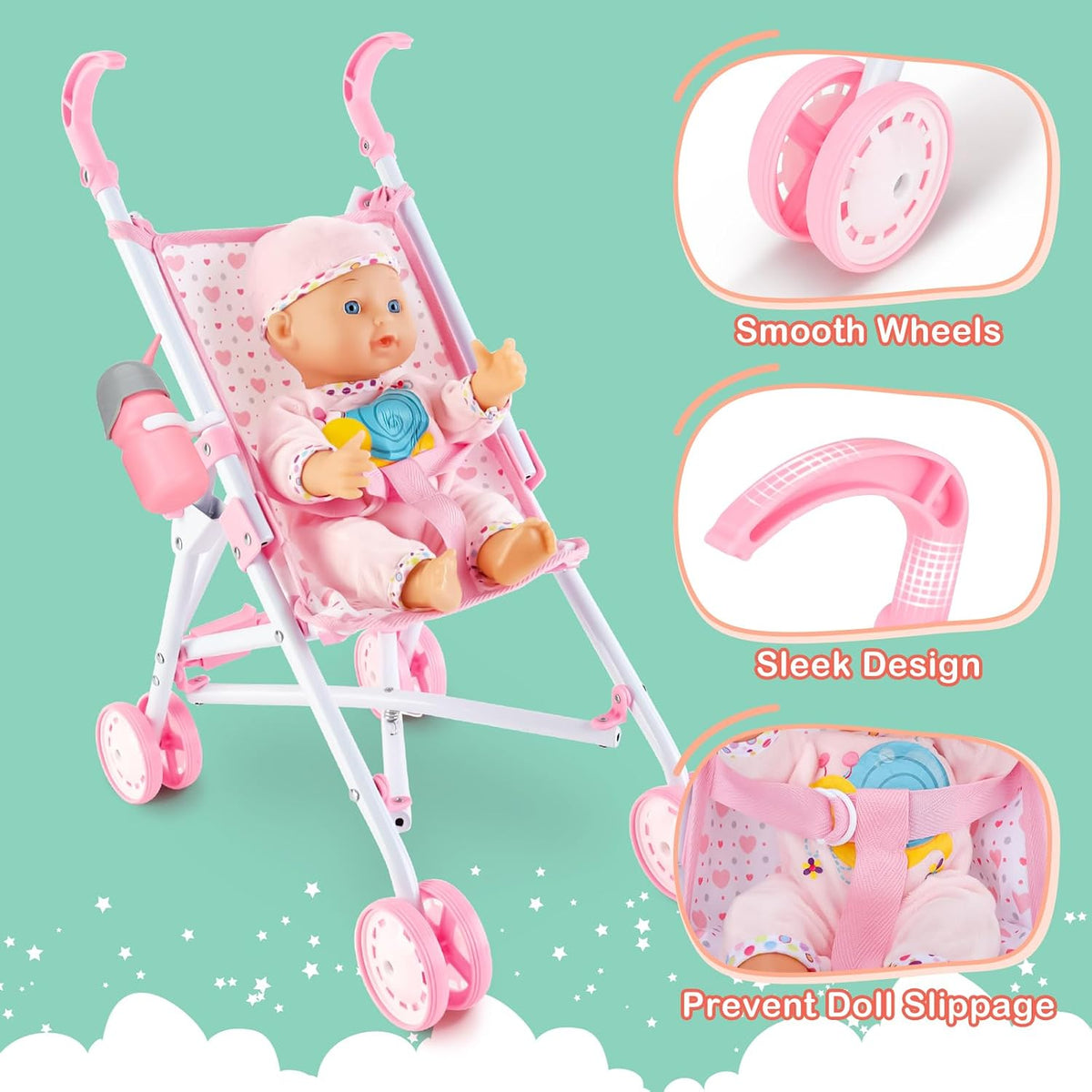 deAO Baby Doll Stroller Set for Toddlers Girls Ages 3+ with 13 inch - image 2