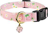 Cotton Dog Collar White and Pink Love Heart with Pendant Cute Dog - Pink Flower / L