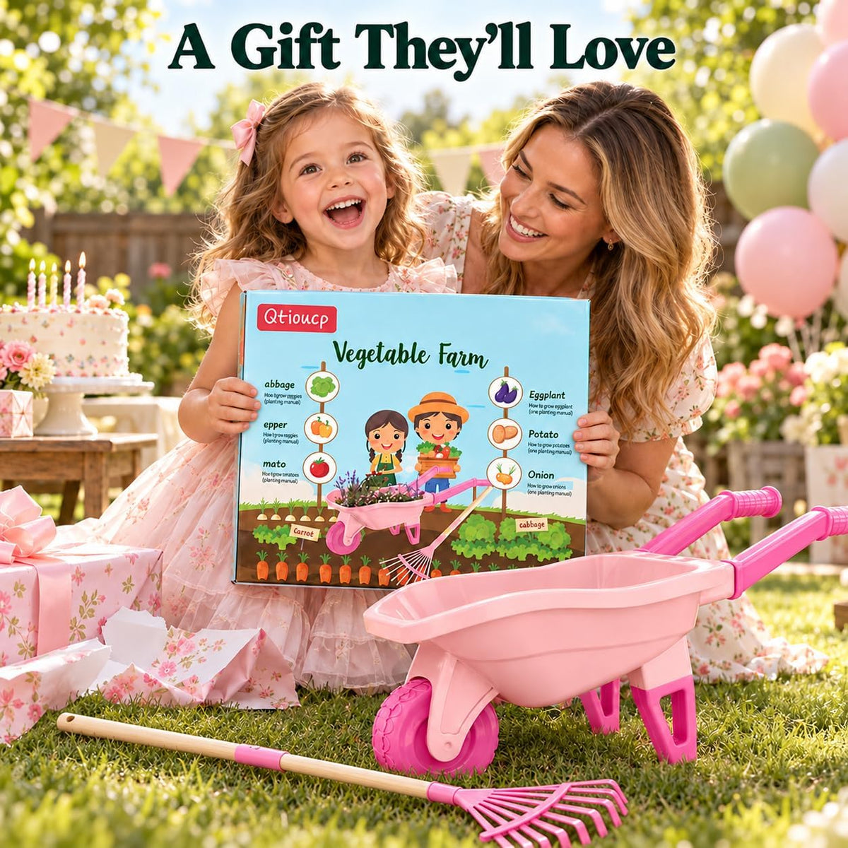 Qtioucp Kids Gardening Set with Wheelbarrow - Pink - image 3