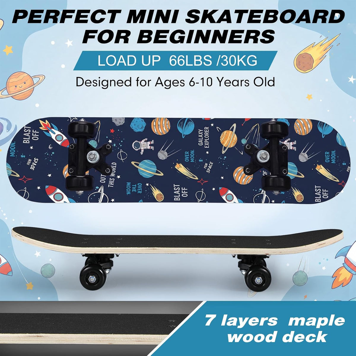 Honoson kids skateboard set with dinosaur print maple deck and black knee pads, elbow pads and wrist - view 14