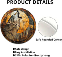 Lygond Metal Sign Tin Sign Circular Stained Glass Gray Wolf Bar Signs for Home Bar for Bar 8×8 Inches