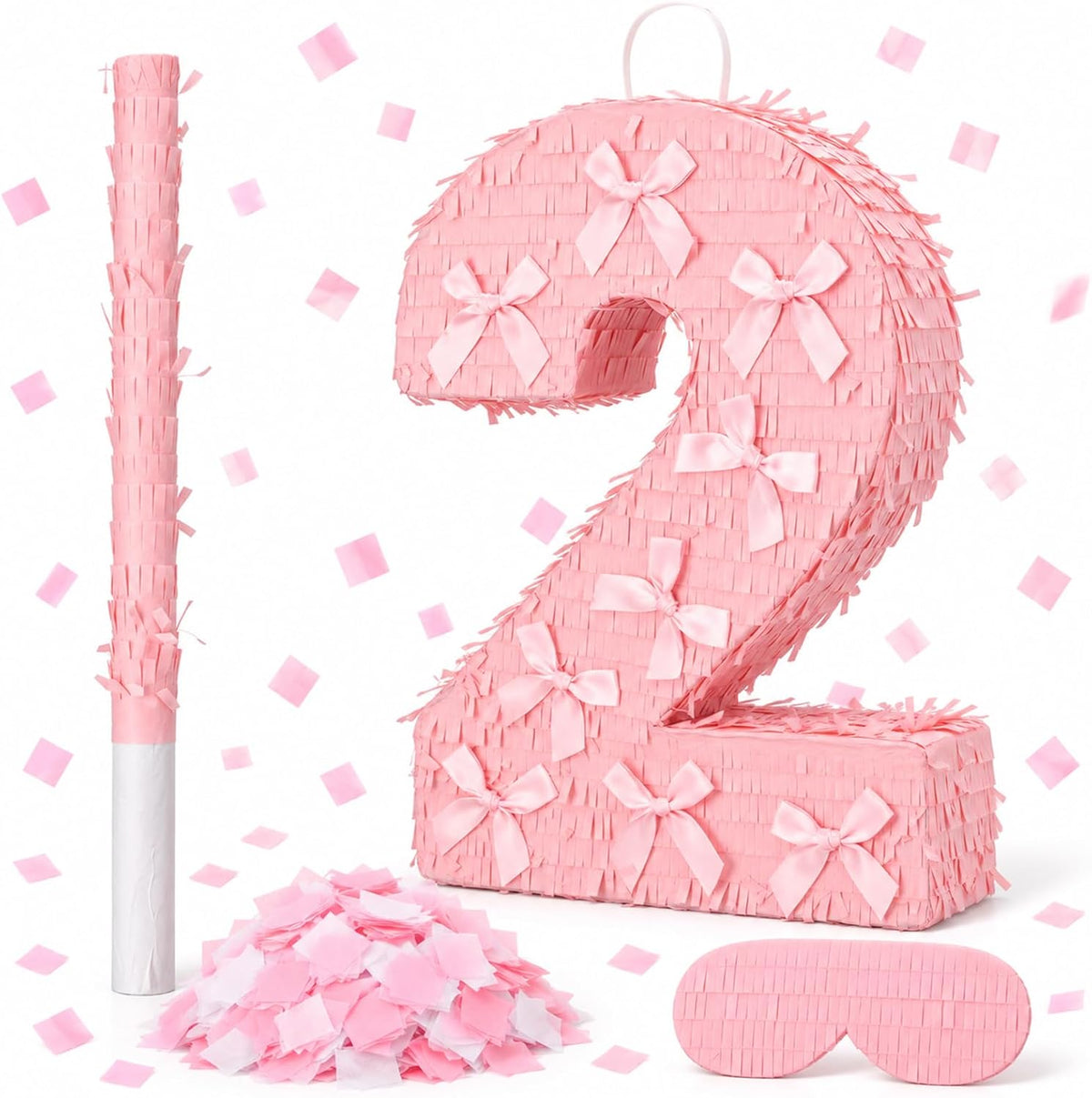 Feifeiya pink bow piñata with pink and white bat, eye masks and confetti - view 6