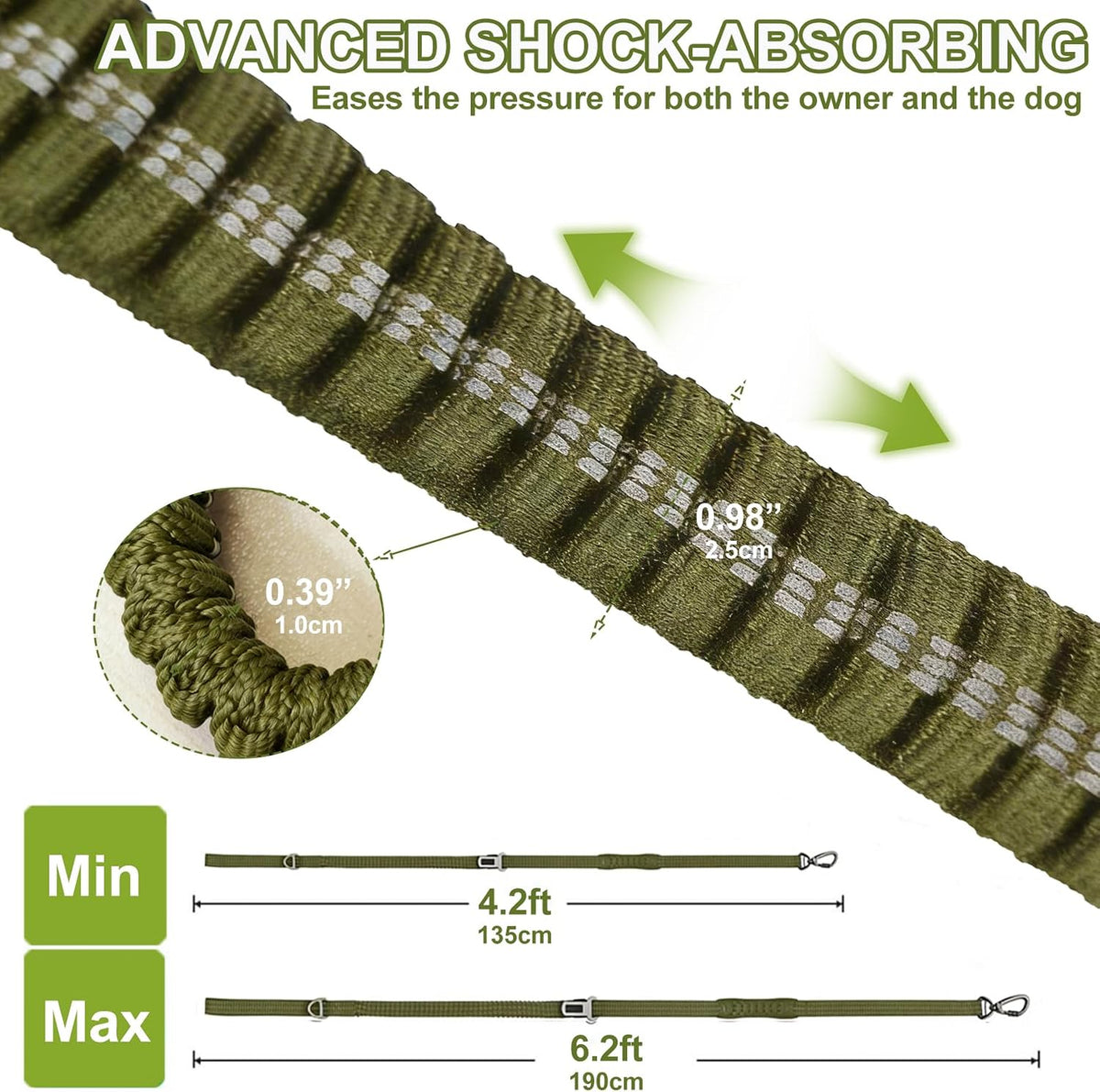 Dog Leash Heavy Duty, Bungee Leash Reflective Car Seat Belt for Dogs Brown – Essentials for Dogs - Olive Drab - image 3