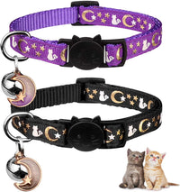 Baeuppit 2PCS Breakaway Cat Collars with Bell Moons Stars Cute Kitty - Neck 7.9-13.0 in / Black&Purple