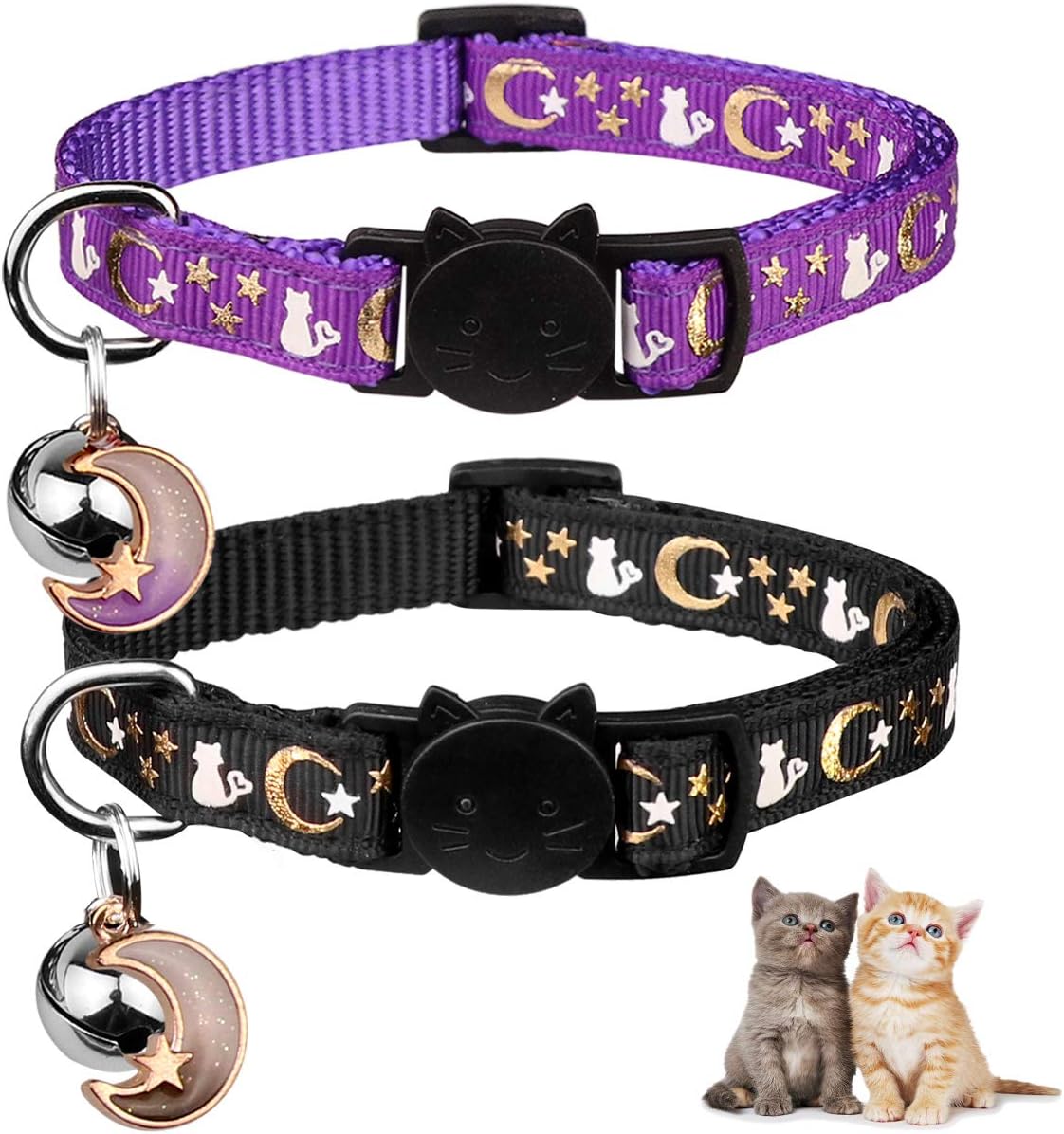 Baeuppit 2PCS Breakaway Cat Collars with Bell Moons Stars Cute Kitty - Neck 7.9-13.0 in / Black&Purple