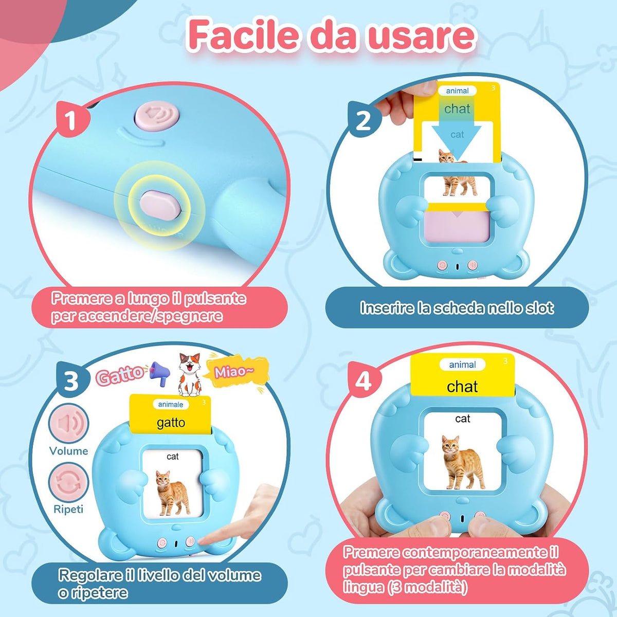 Spanish & English Talking Flash Cards for Toddler - Blue / Italian & English (224 Words) - image 4