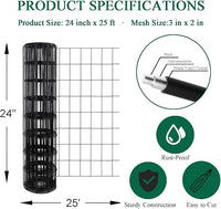 Black PVC Coated Welded Wire Fence 24 Inch x 25 Foot, 2 Inch x 3 Inch 16GA, Garden Border Fencing Roll Vinyl Coating Metal Wire Mesh for Yard Vegetable Plant Protection Poultry Netting