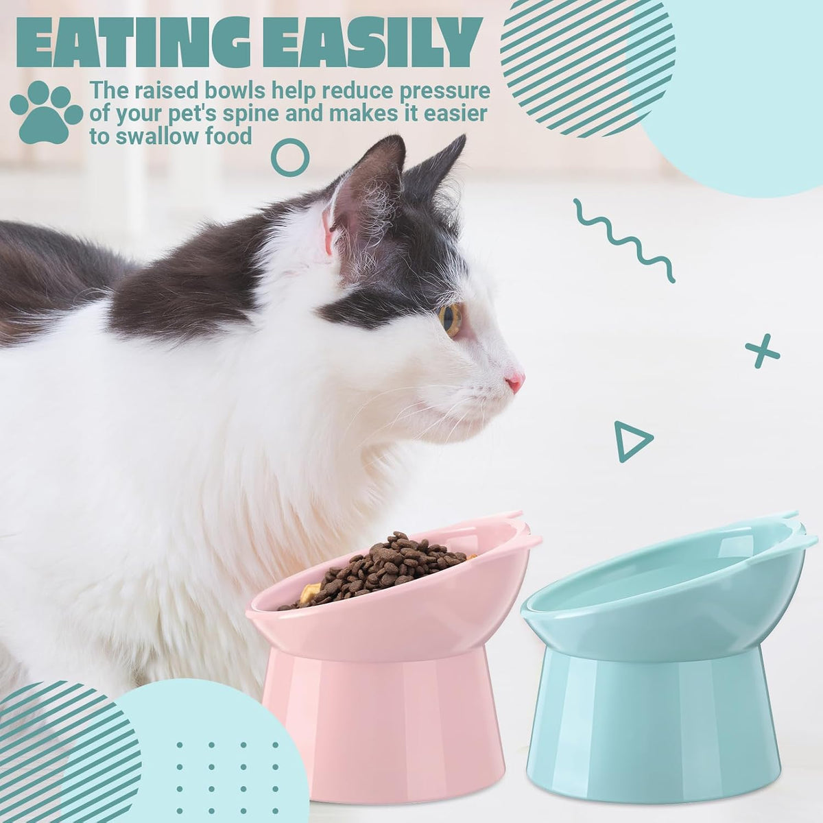 Zhehao 2 Pcs Elevated Cat Bowl Set, Tilted 15° - Cat Ears / Light Green, Red - image 2
