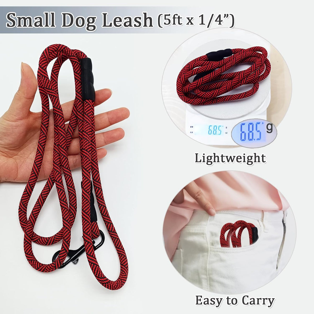 WYuZe 5ft Puppy Leash for Small Dogs Cats - Black Red / 5 FT (3~18 lbs) - image 2