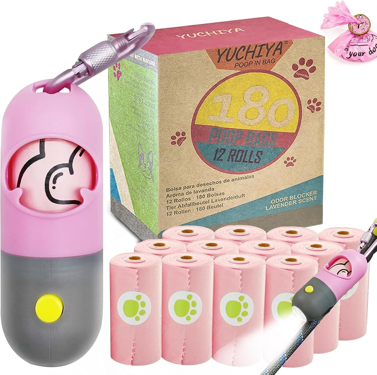 Dog Poop Waste Bags Holder with LED Flashlight - 1 Count (Pack of 13) / Pink