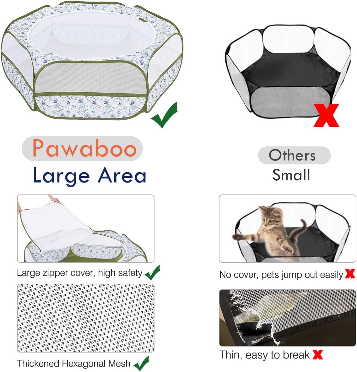 Pawaboo Small Animal Playpen, Waterproof Portable Pet Cage Tent - Blue + White Flower / 1 - image 3