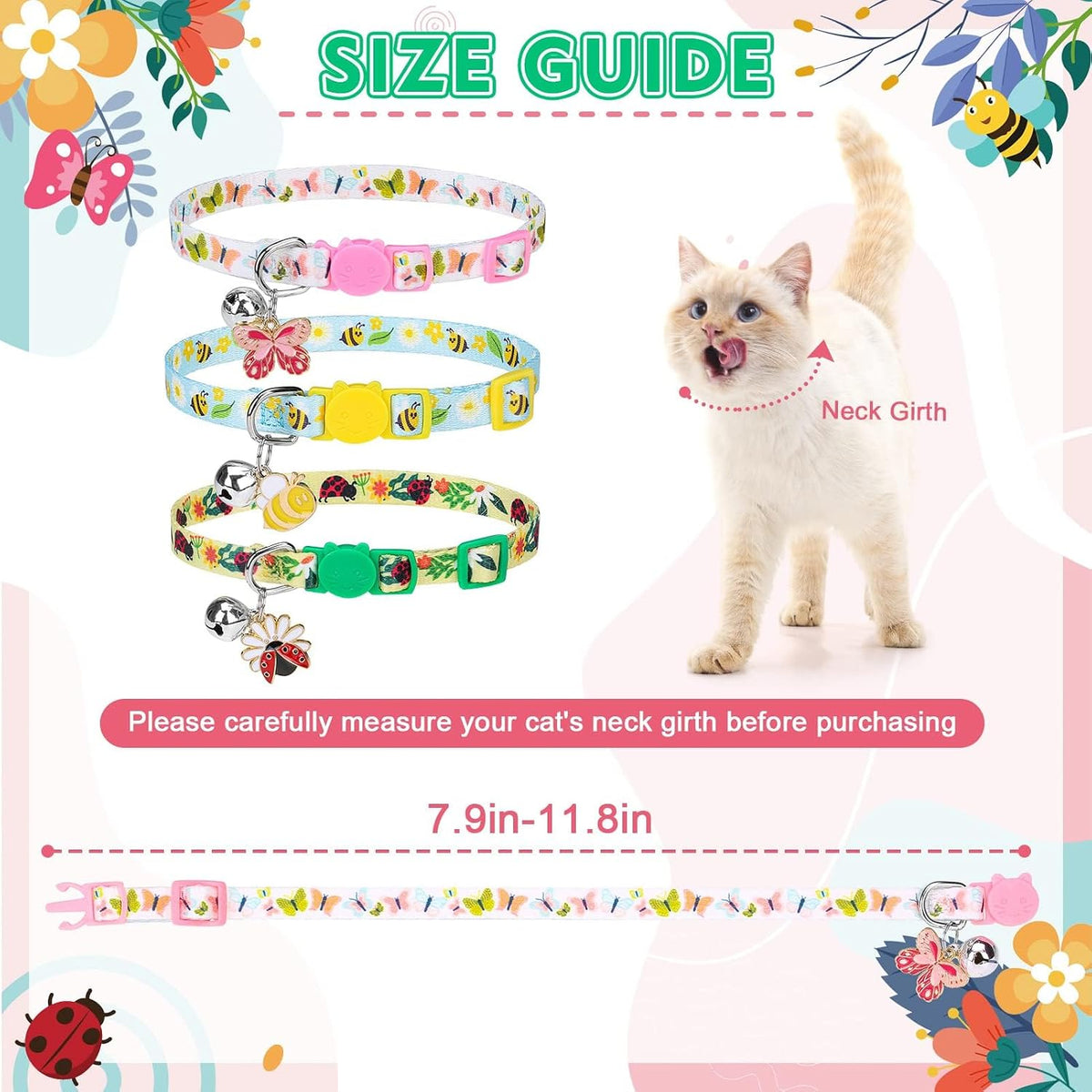 PUPTECK Halloween Cat Collar Breakaway with Bells, Kitten Outfit – Essentials for Cats - Pink&Yellow&Green / NECK (7.87"-11.8") - image 2