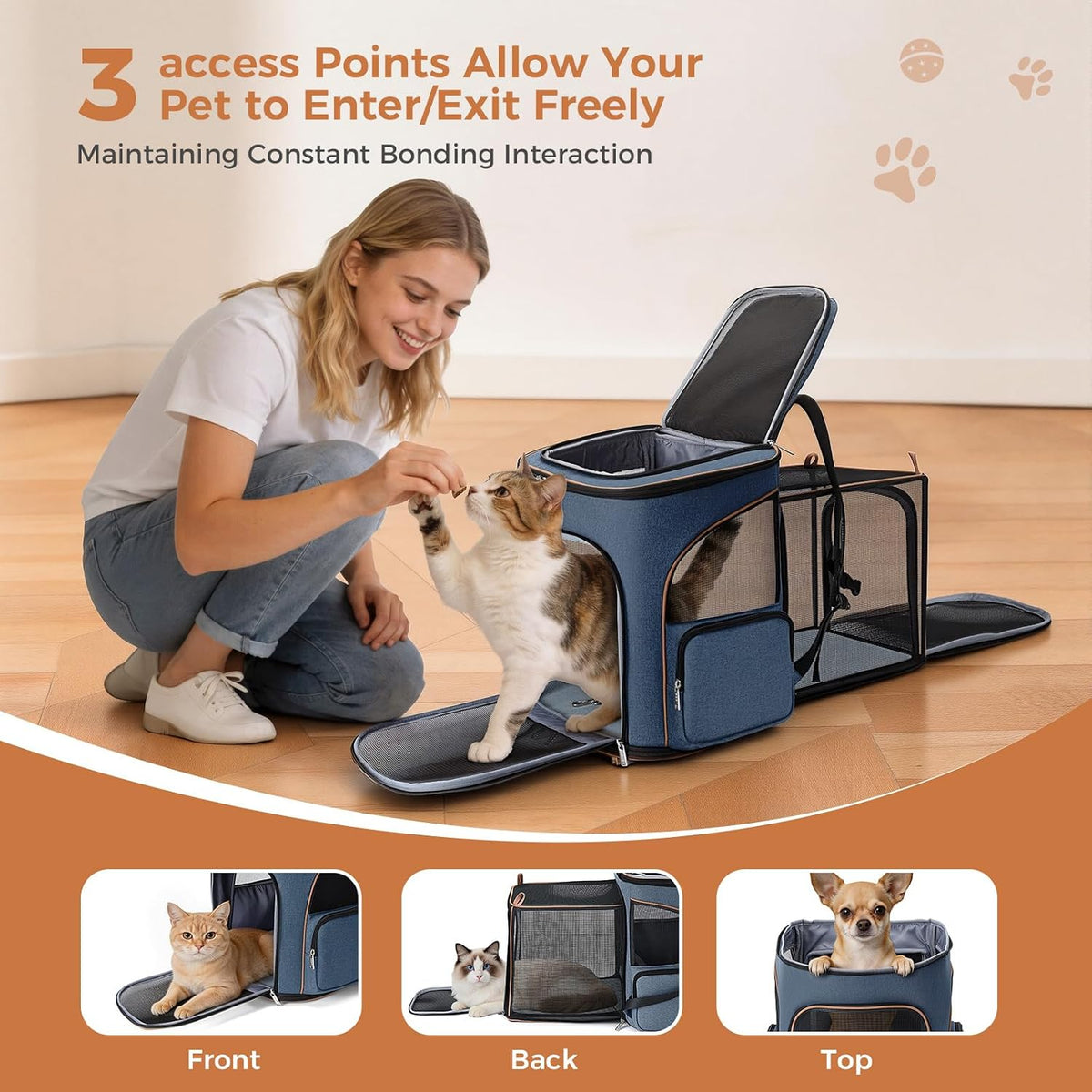 Lekereise Cat Backpack Expandable Pet Carrier Backpack for Small Cats - Blue / XL-Mesh Window - image 3