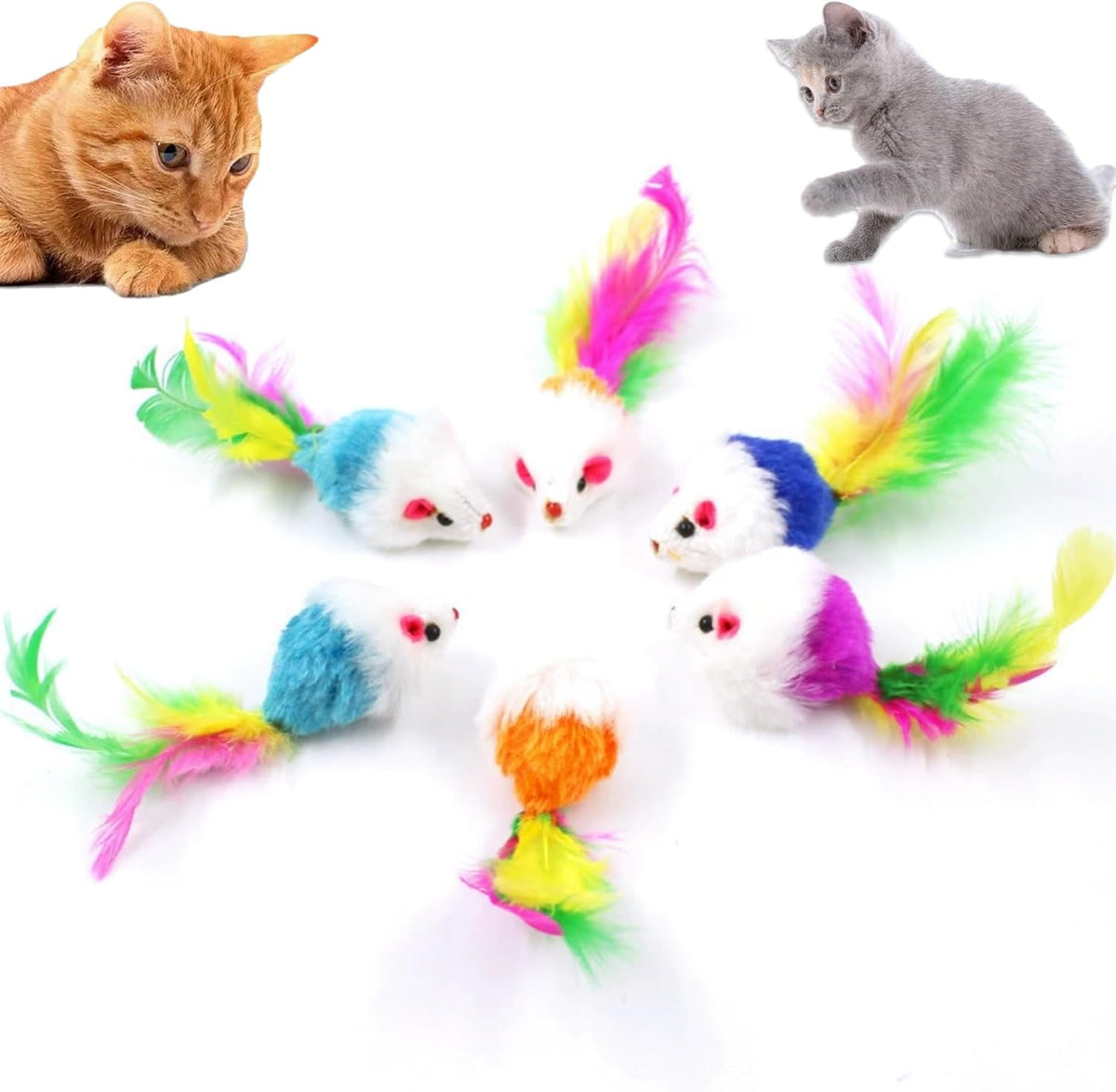 Cat Toys, 6 Pack Furry Rattle Mouse Toy Interactive Cat Toy with Feather Tail, 6 Assorted Faux Fur - 6PCS Furry Rattle Mouse Cat Mouse Toys