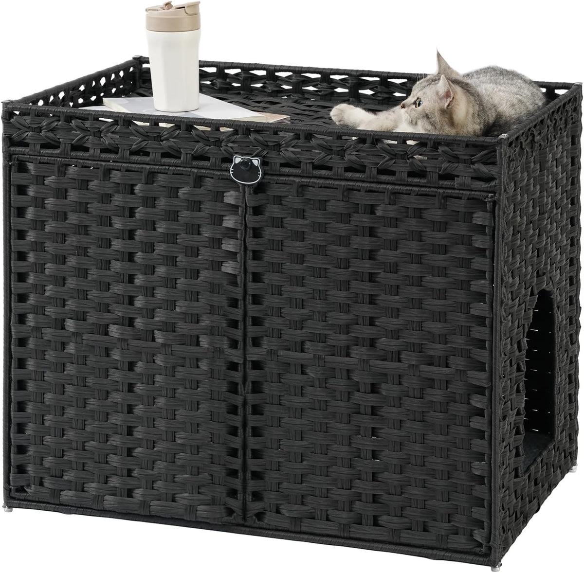 Cat Litter Box Enclosure, Extra Large Hidden PE Rattan Natural – Essentials for Cats - Black