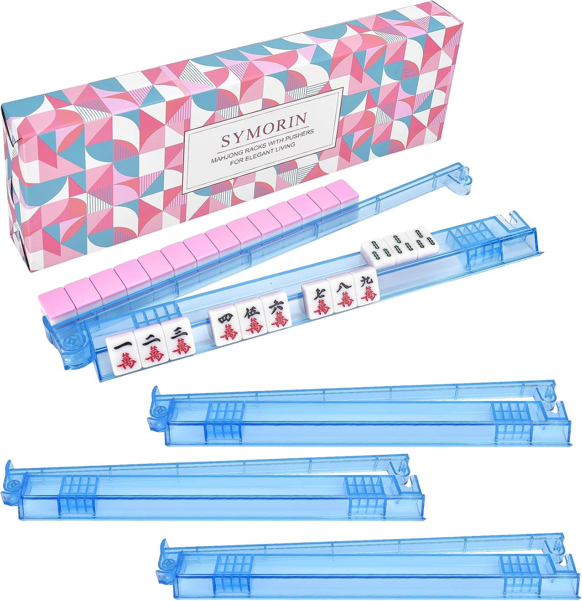 Premium Clear Mahjong Racks with Pushers - Blue