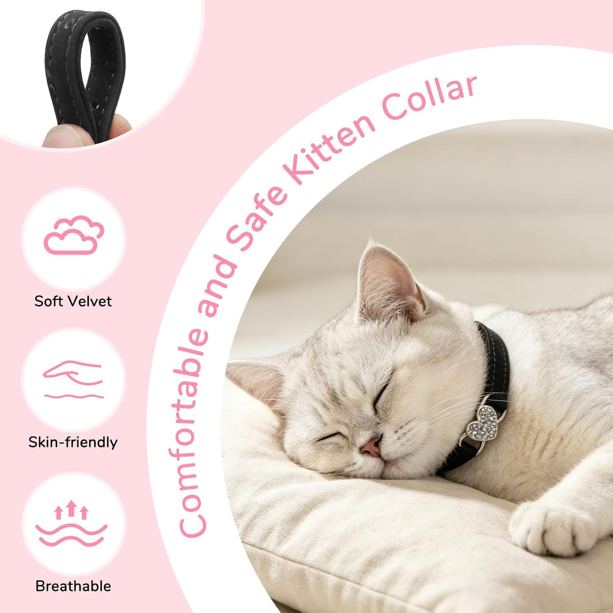 BINGPET Diamond Cat Collar with Bell, Adjustable Kitten Collar - Black(Heart) / Neck Girth 6"-8" - image 2