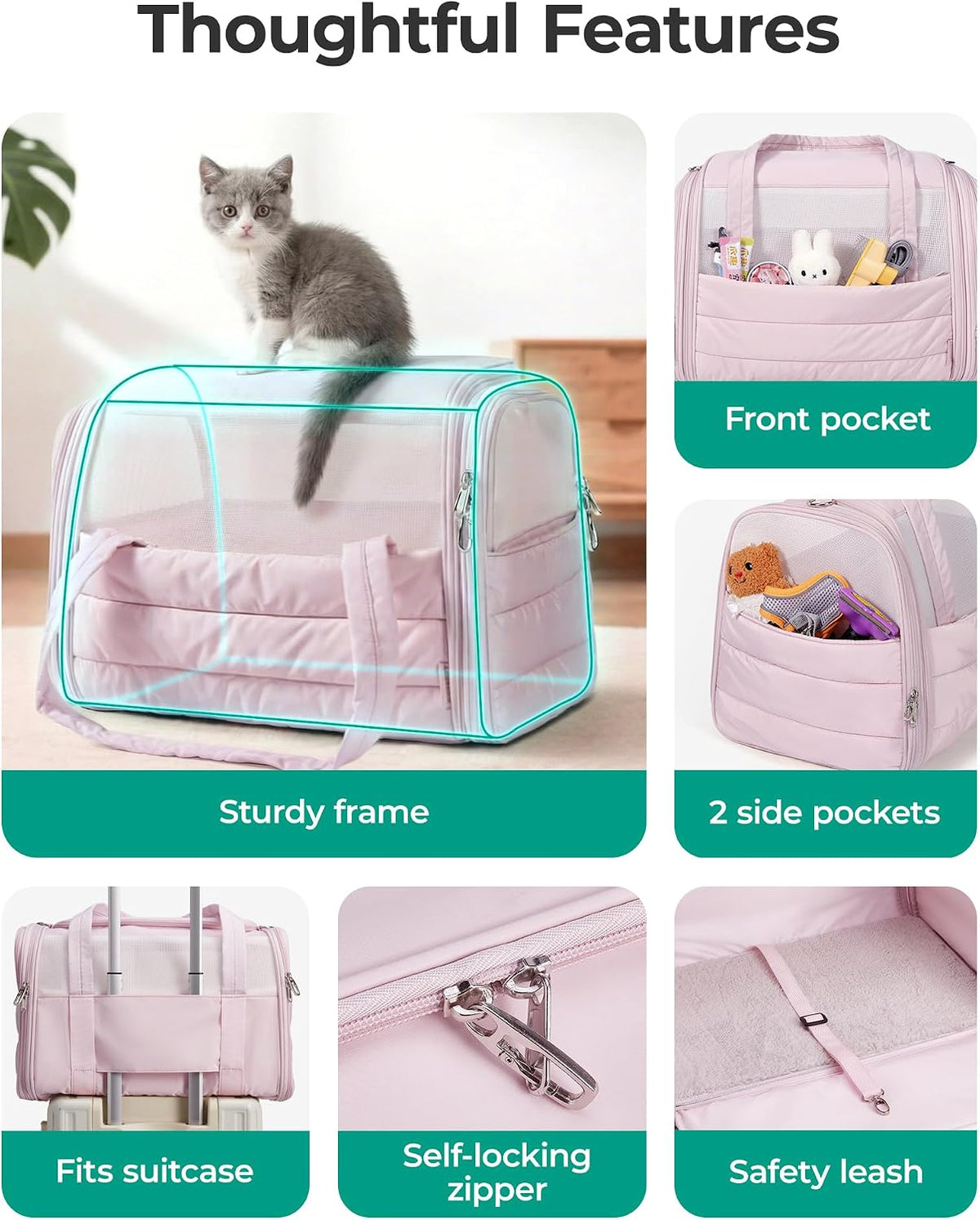 BAGSMART Cat Carrier Soft-Sided Puffy Quilted Collapsible Pet Travel - Baby Pink / 19.3"L x 13.0"W x 13.0"H - image 4