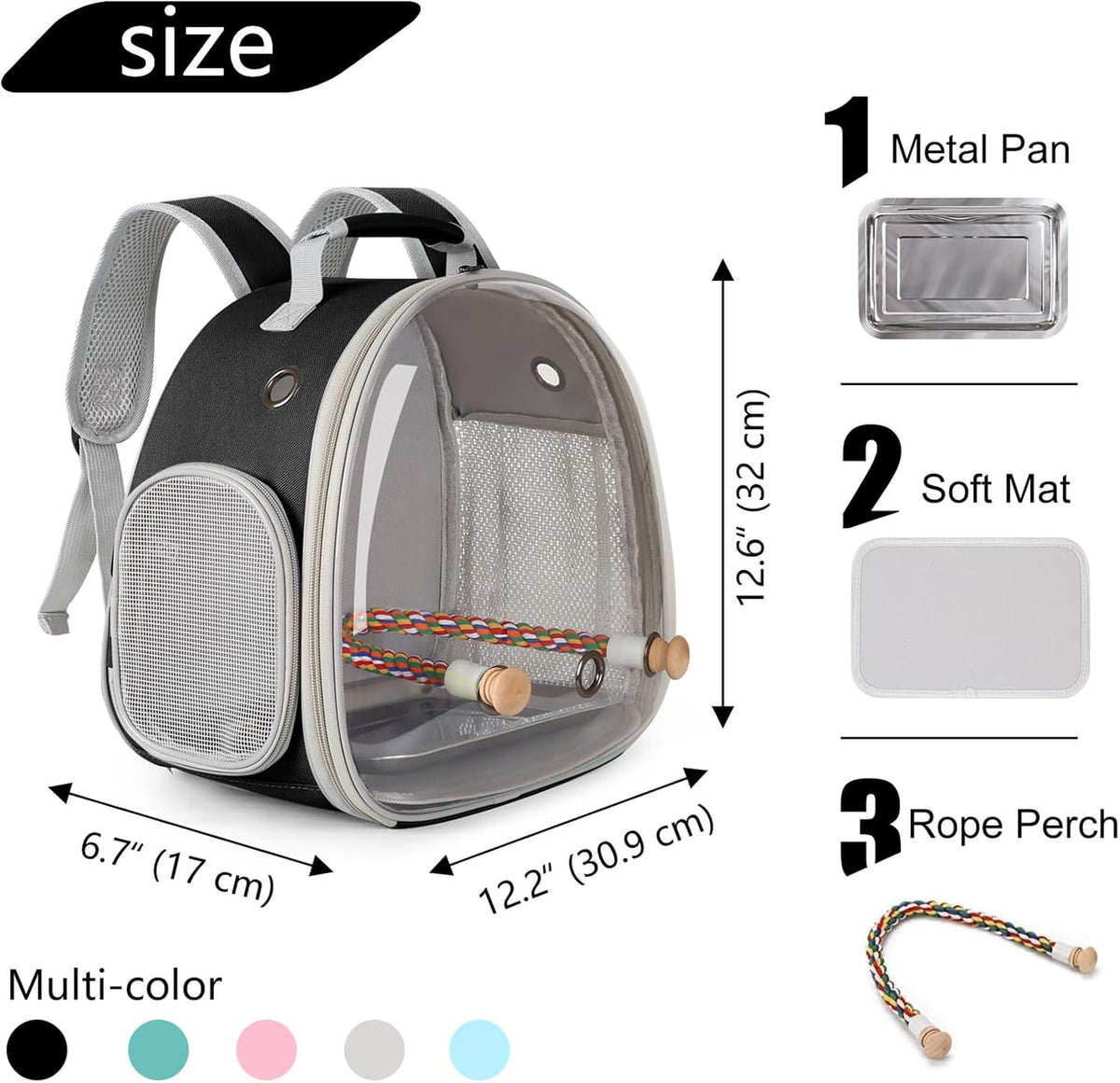 Small Bird Travel Backpack Carrier Cage - Black / Clear Bubble + Tray - image 2