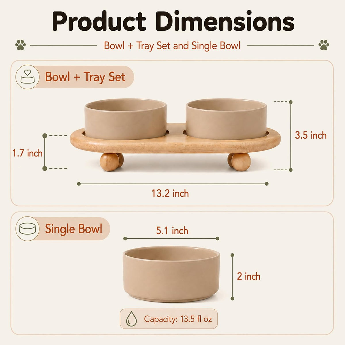 Cat Bowls Set of Two, 5.1” Ceramic Cat Food Bowls - Greige / 2 Bowls+Tray - 5.1" - image 2
