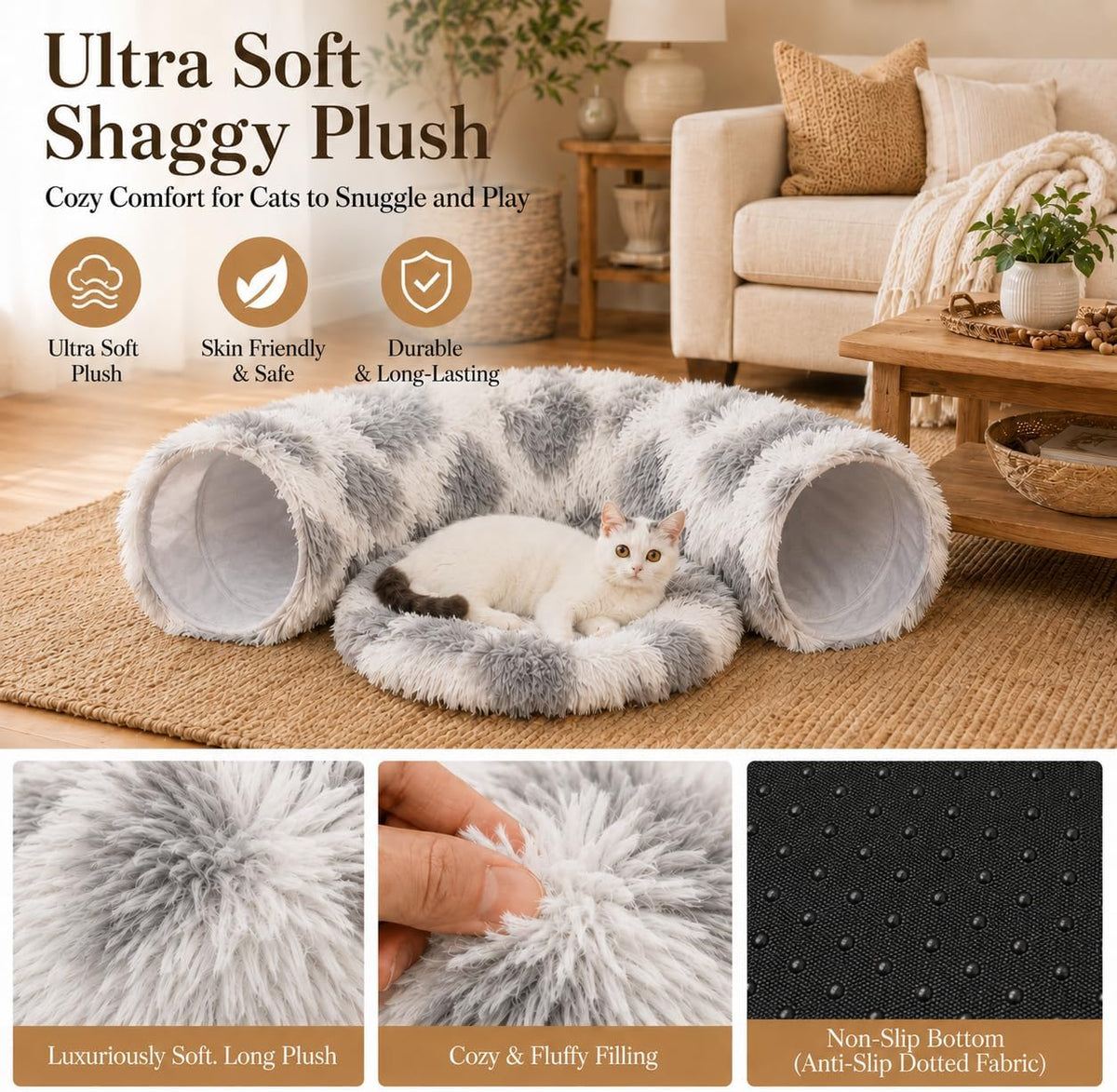 Warm Fluffy Plush Cat Dog Tunnel Bed Under Christmas Tree Big Tube - Light Grey - image 3
