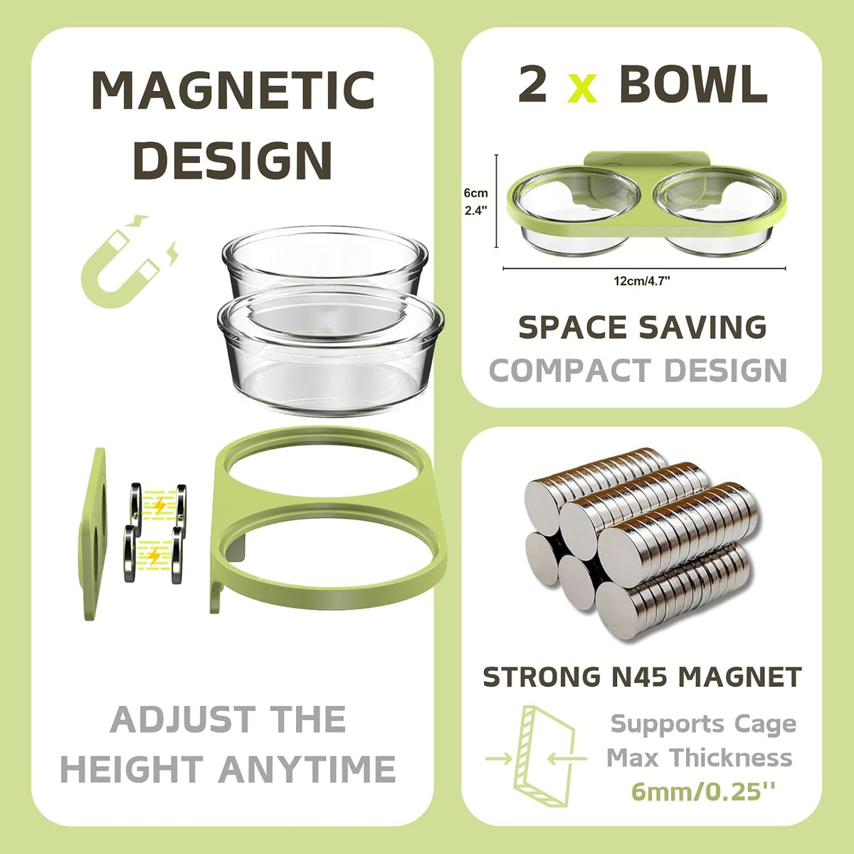Magnetic Reptile Feeding Ledge with 2 Pack Plastic Bowls Food Feeder - Green(Pack of 2） / Magnetic-Mounted - image 2