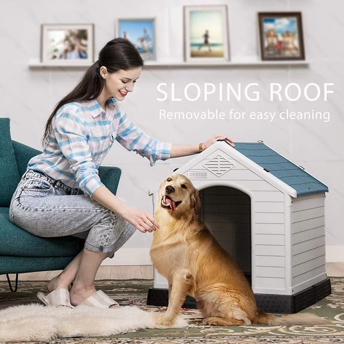 DEStar Durable Waterproof Plastic Pet Dog House Indoor Outdoor Puppy Shelter Kennel with Air Vents and Elevated Floor (Large - 33" Height)