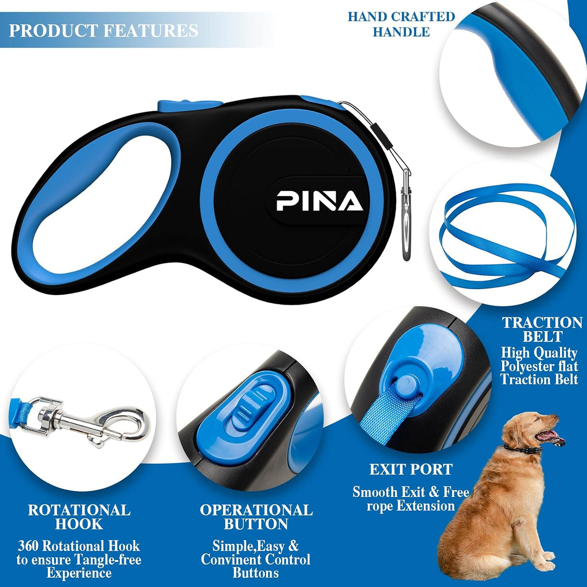 Retractable Dog Leash, 26ft Dog Leash for Small Medium Large Dogs Up to 110lbs, 360° Tangle-Free - 16 ft / Black Blue - image 2