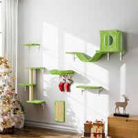 NUNU LAB Wall Mounted Cat Climber Set, 6 Pcs Cat Furniture Set with House, Bridge, Steps, Scratcher Board and Hammock, Shelves for Indoor, Luxury Walls Furniture(Green)
