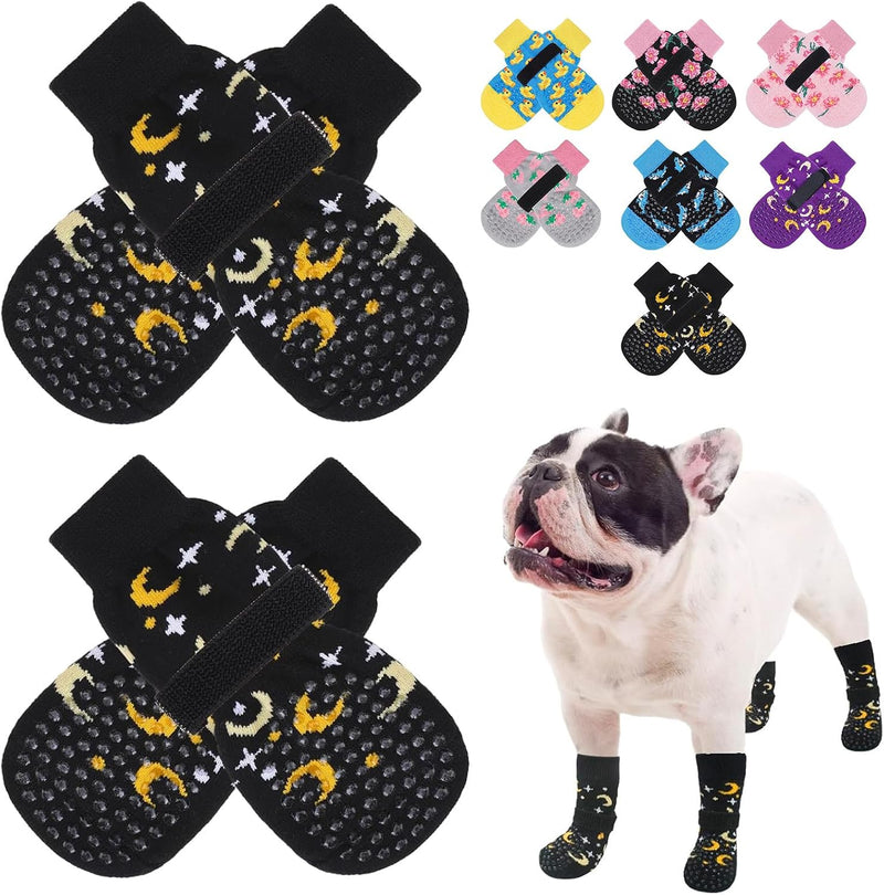 Anti Slip Dog Socks to Prevent Licking Paws for Hardwood Floors – Essentials for Dogs - S(Pack of 4) / Star & Moon(Black)
