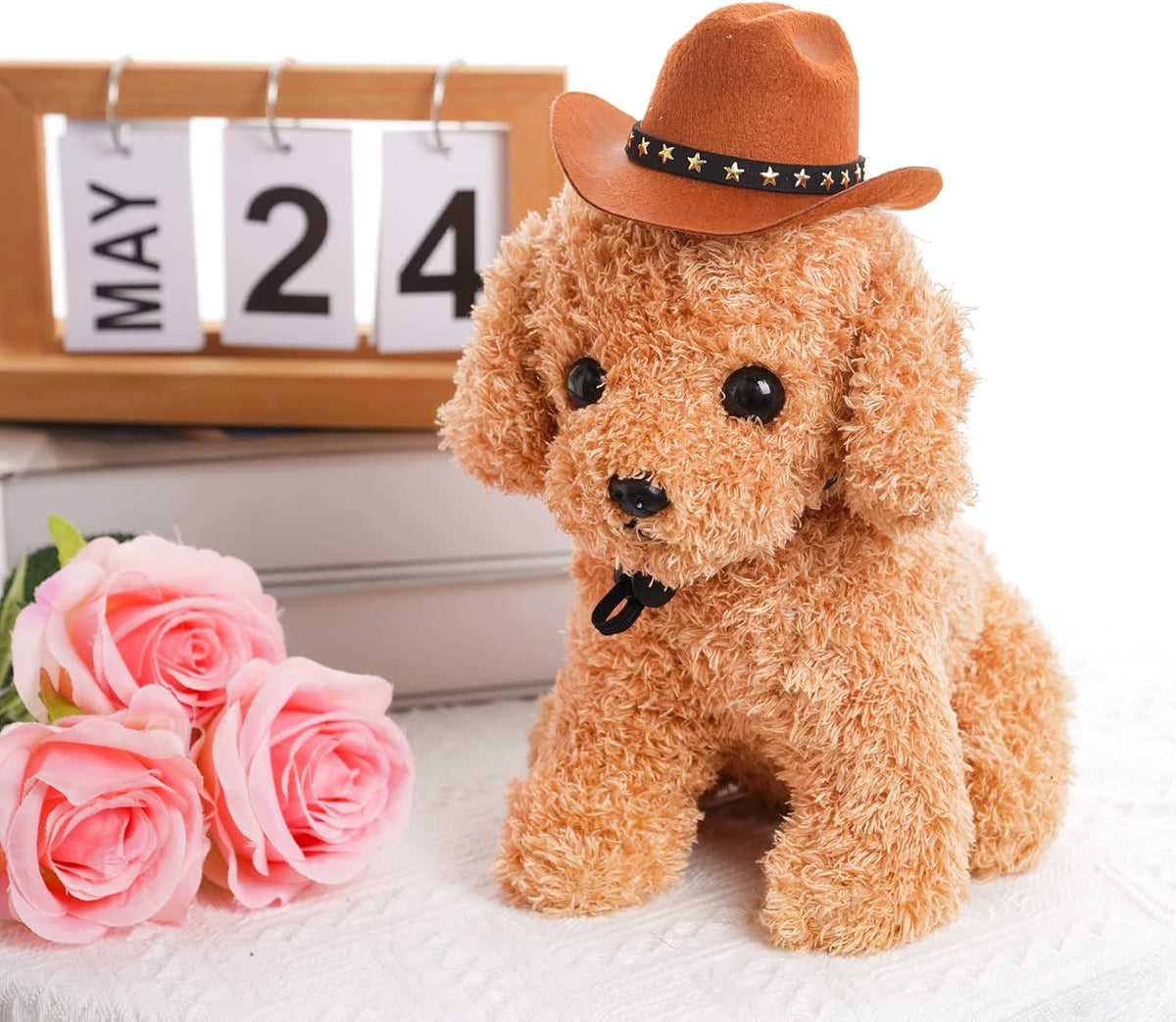 Choyaxo brown dog cowboy hat with gold star pin and chin strap - view 3