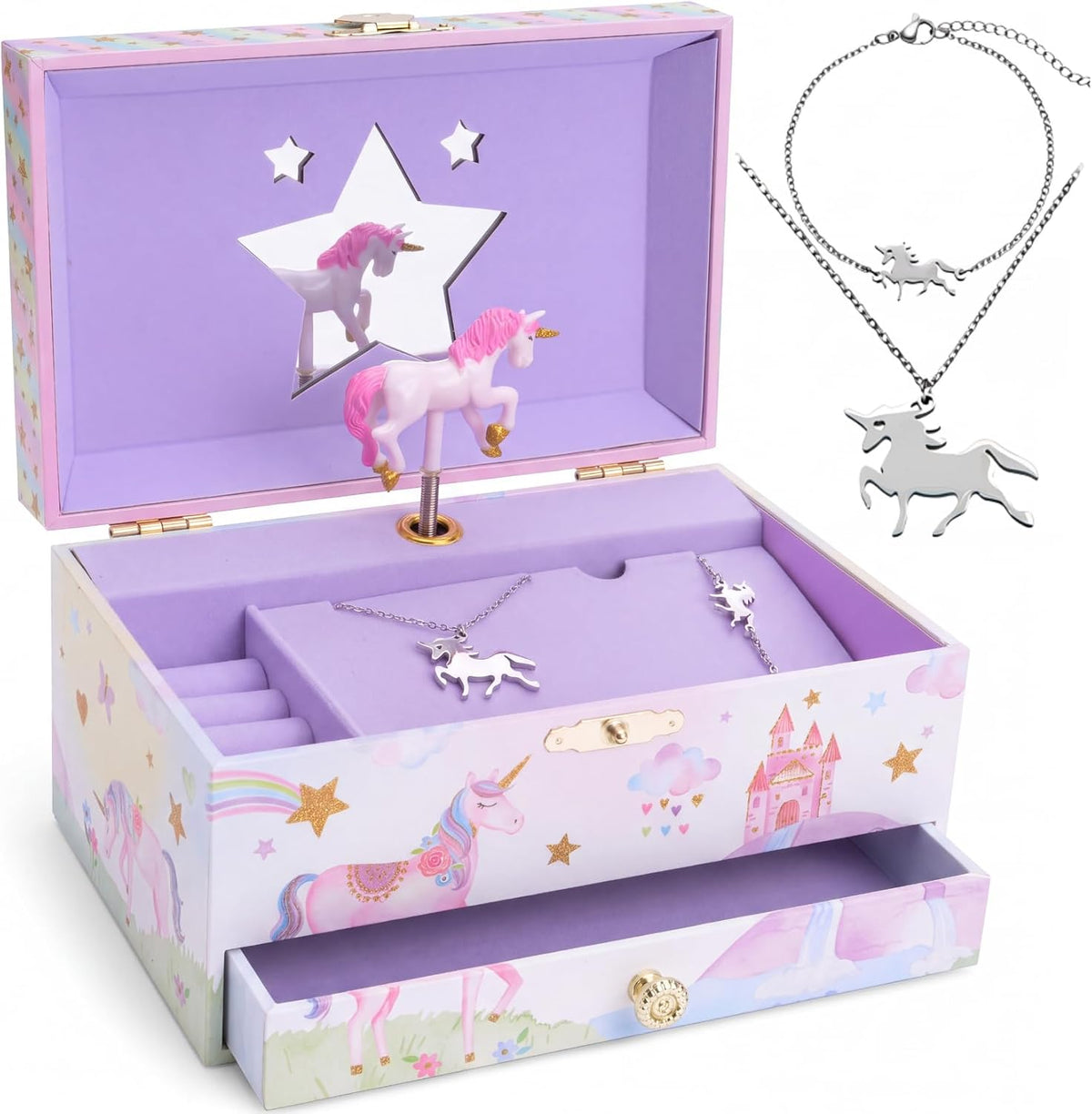 Jewelkeeper Jewelry Box for with Pullout Drawer - Party Unicorn w/Accessory