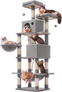 Feandrea Cat Tree, Multi-Level Condo - Light Gray / XXL (23.6"L x 19.7"W x 81.1"H)