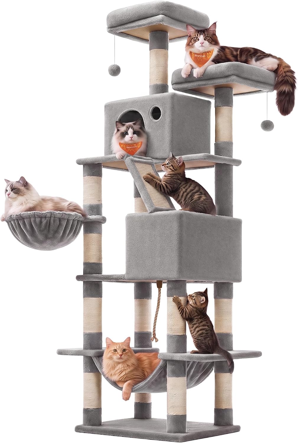 Feandrea Cat Tree, Multi-Level Condo - Light Gray / XXL (23.6"L x 19.7"W x 81.1"H)