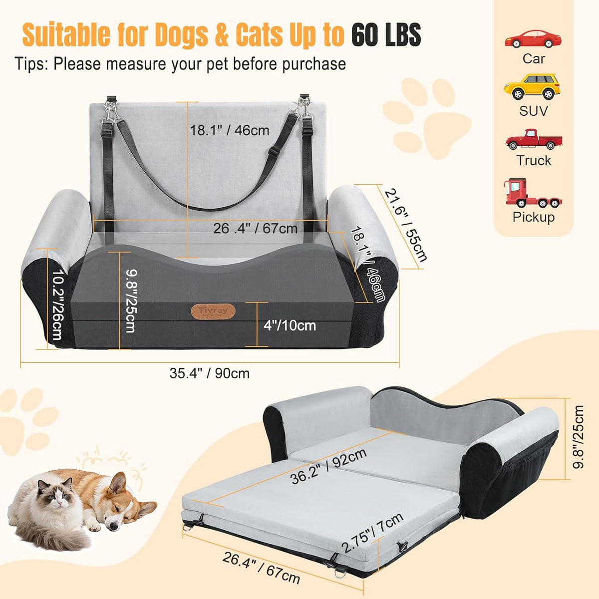 Dog Car Seat for Medium Dogs Up to 60 lb, Thick Cushion - Black & Gray / XL - image 3