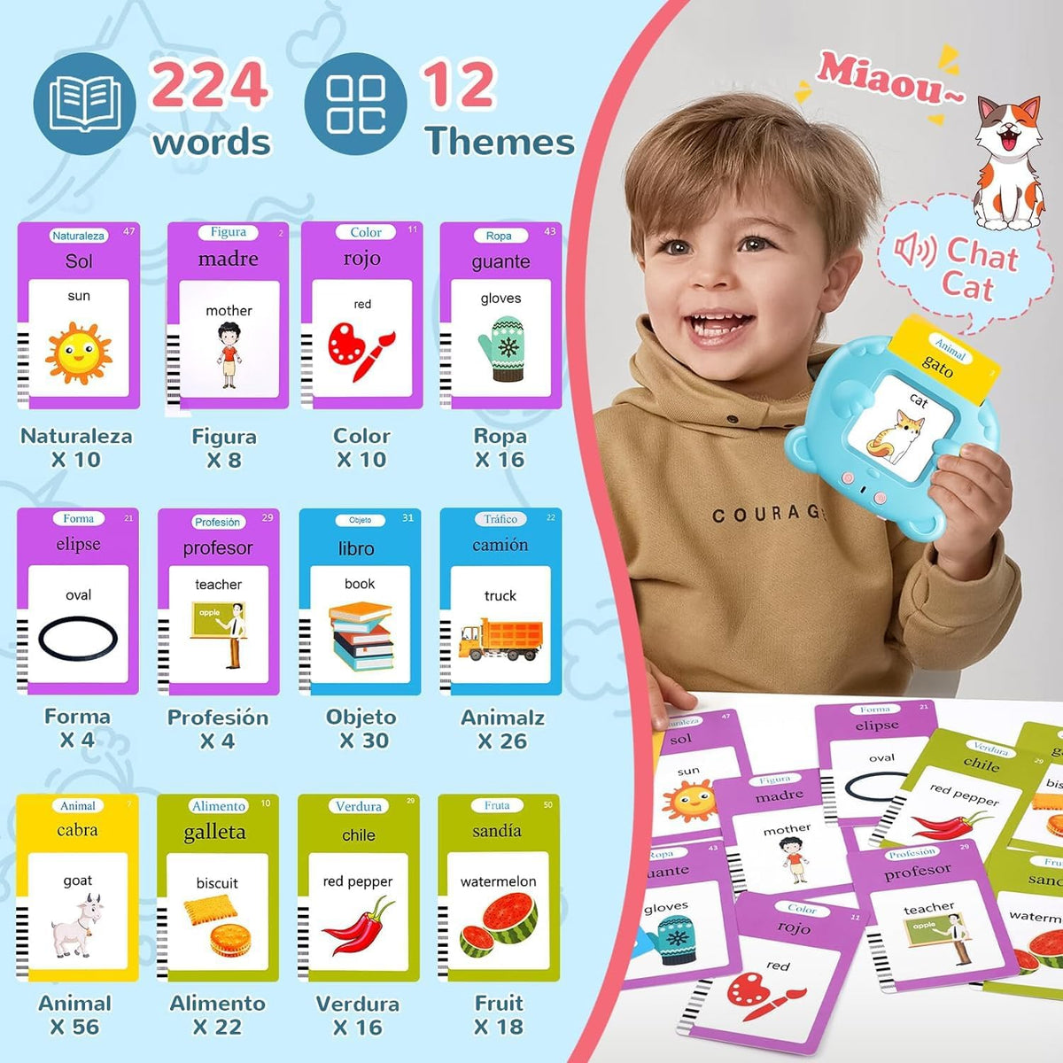 Spanish & English Talking Flash Cards for Toddler - Blue / Spanish & English (224 Words) - image 3