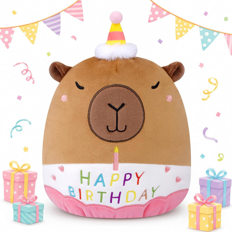 Prewplam birthday capybara plush, brown capybara with party hat and Happy Birthday embroidery