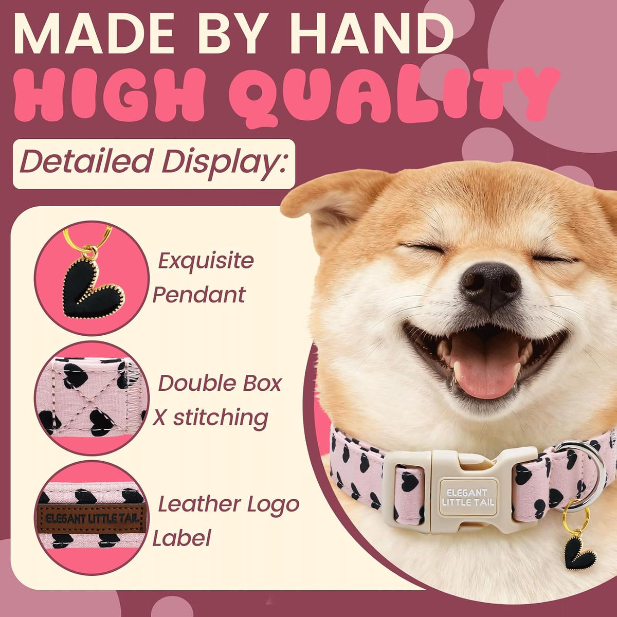 Elegant little tail Dog Collar - Black Hearts / Medium (Pack of 1) - image 2