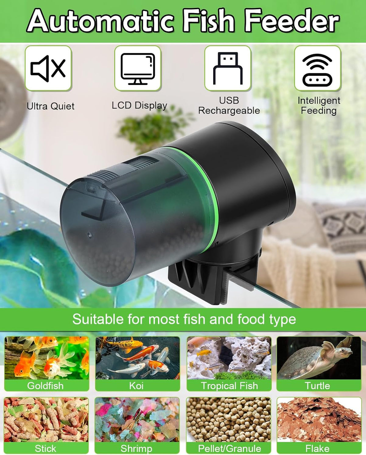 Automatic Fish Feeder for Aquarium Easy Setup & 4 Timers Green – Essentials for Fish - Black / CY-009-LCD Screen - image 2