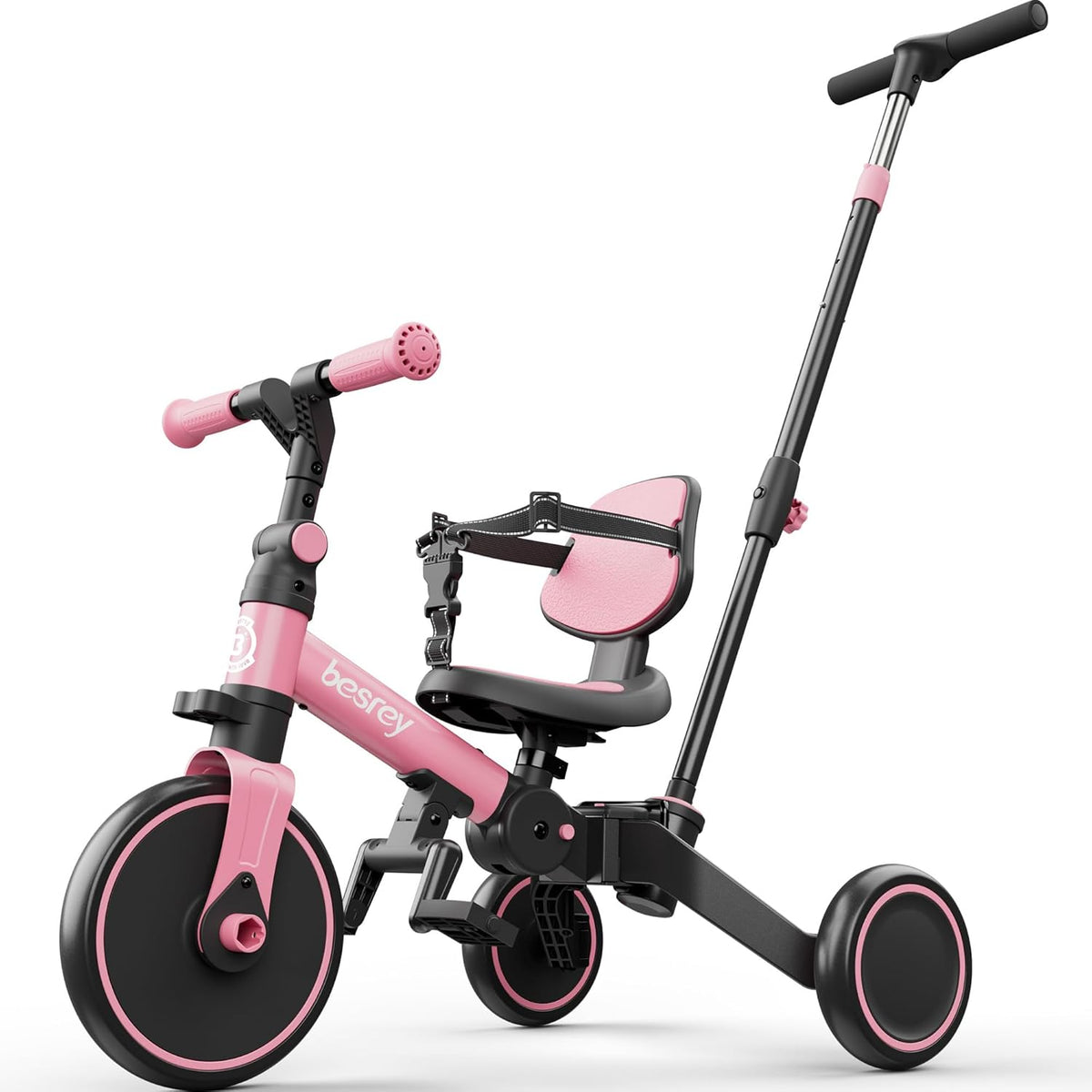 besrey Folding Toddler Tricycle-to-Balance Bike with Push Handle - Pink
