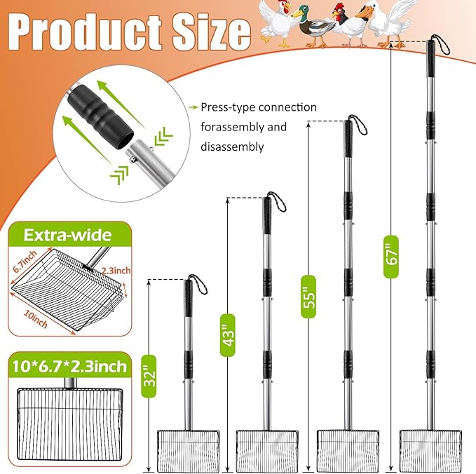 Esmorah 10 Inch Large Metal Chicken Poop Scooper for Sand & Coop Cleaning - Long Sifting Shovel with 24"-68" Adjustable Handle, 5 Lengths Heavy Duty Stainless Steel