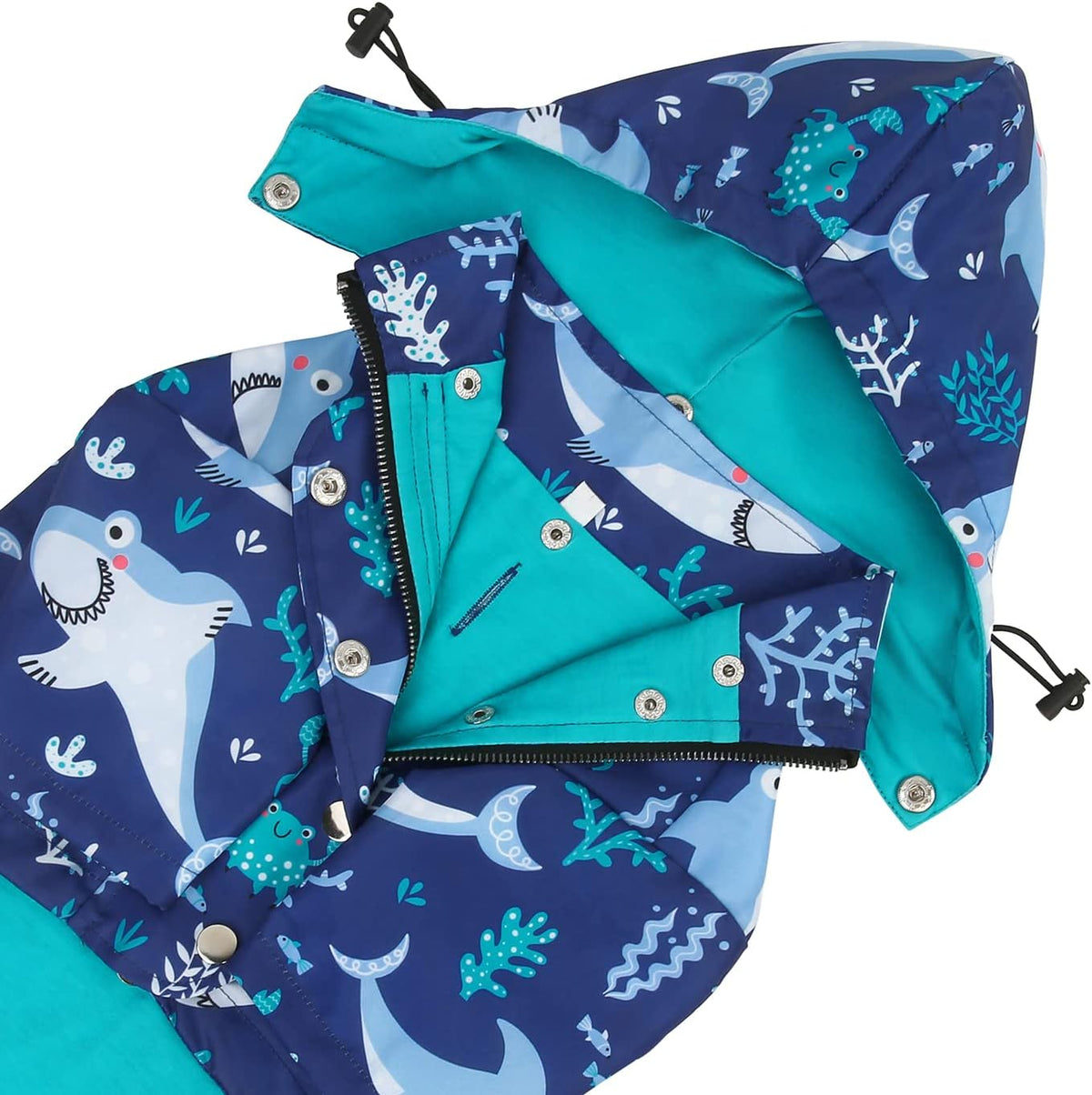 HDE Premium 2-Layer Zip Dog Raincoat Poncho w/Leash Hole & Hood - Large / Sharks - image 2