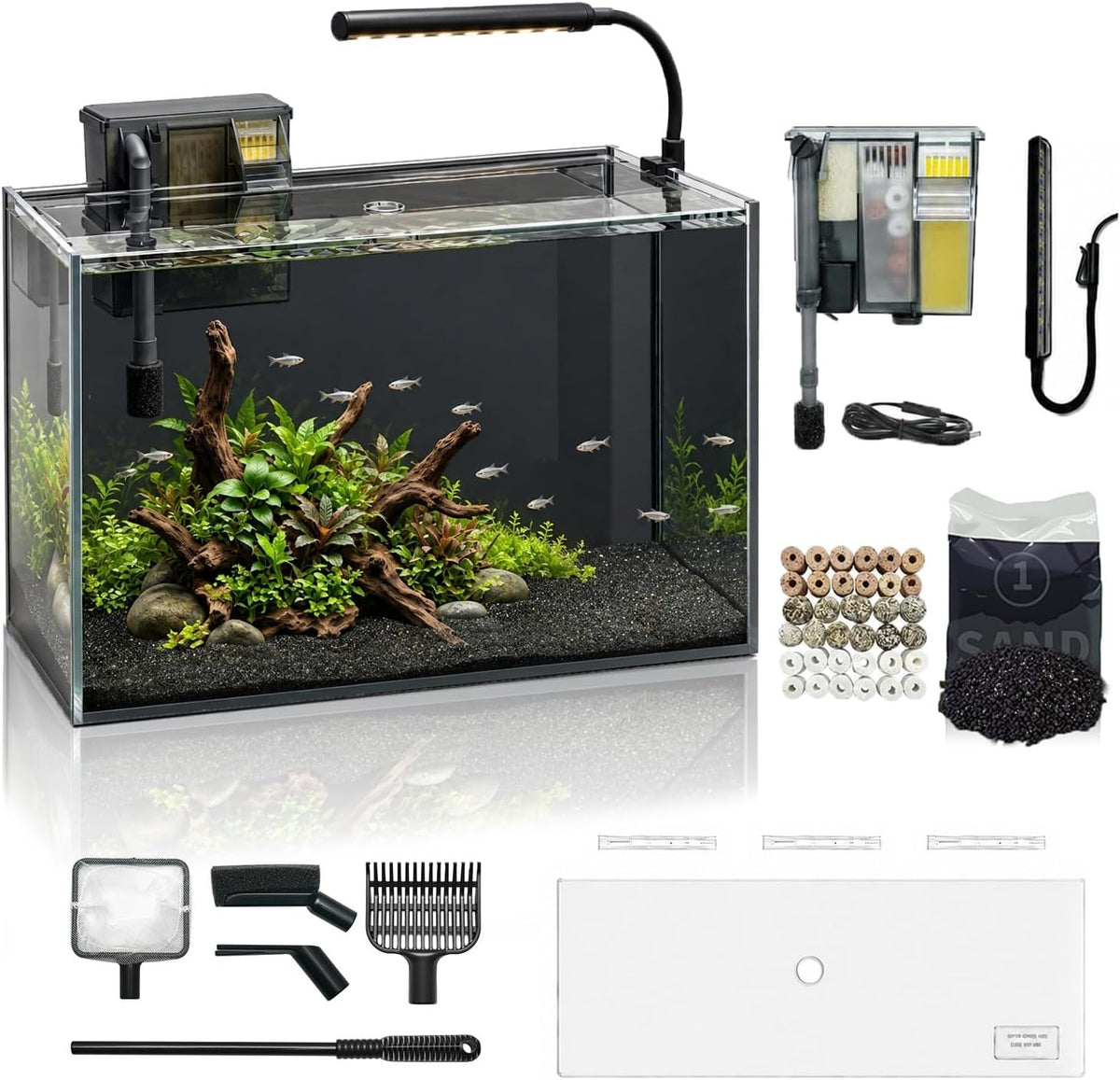 1.25 Gallon Fish Tank Small Glass Aquarium Kit Starter Set Dark - 10 Gallon