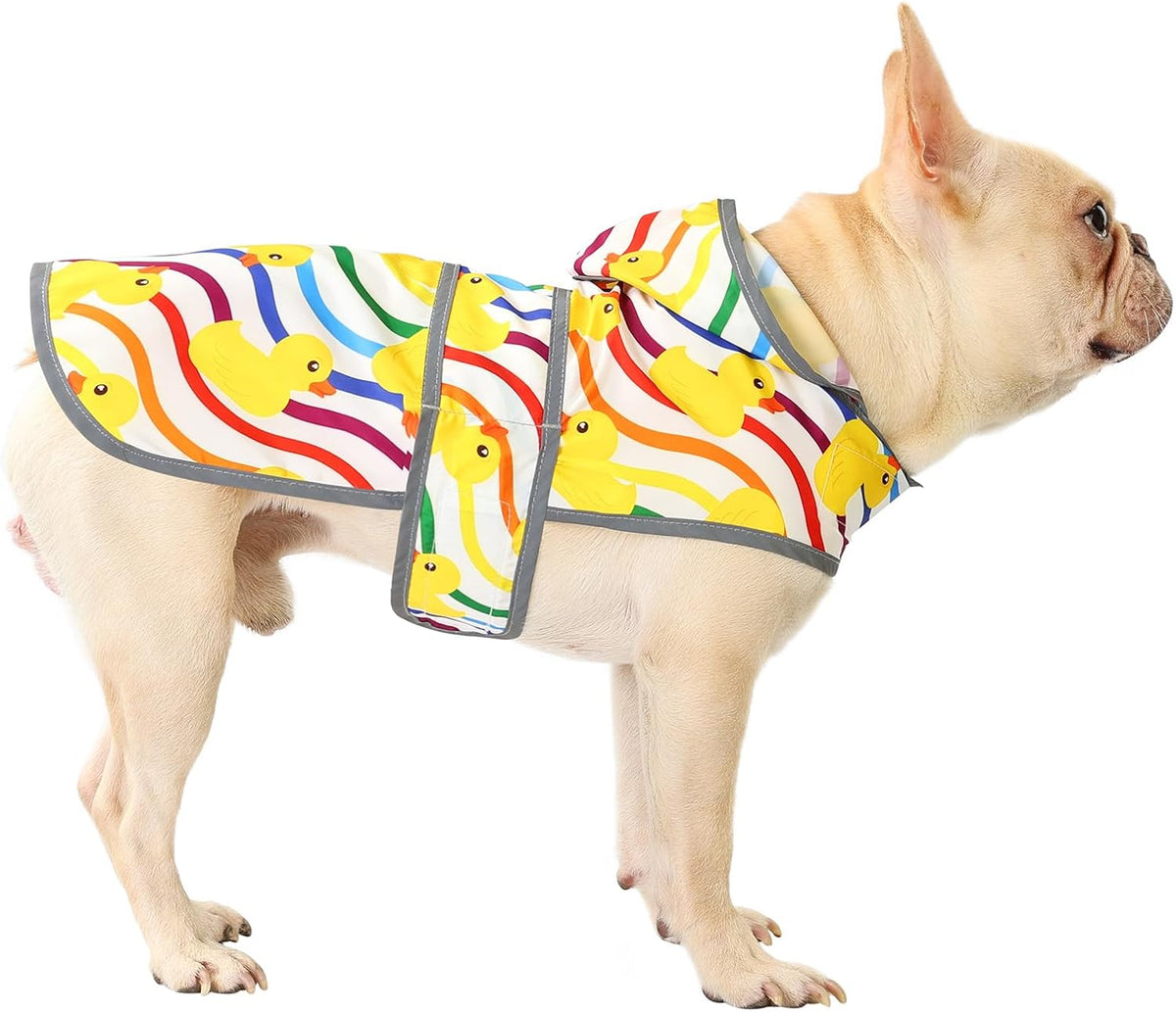 Dog Raincoat, Waterproof Dog Rain Jacket with Hood - Rainbow Ducks / Medium